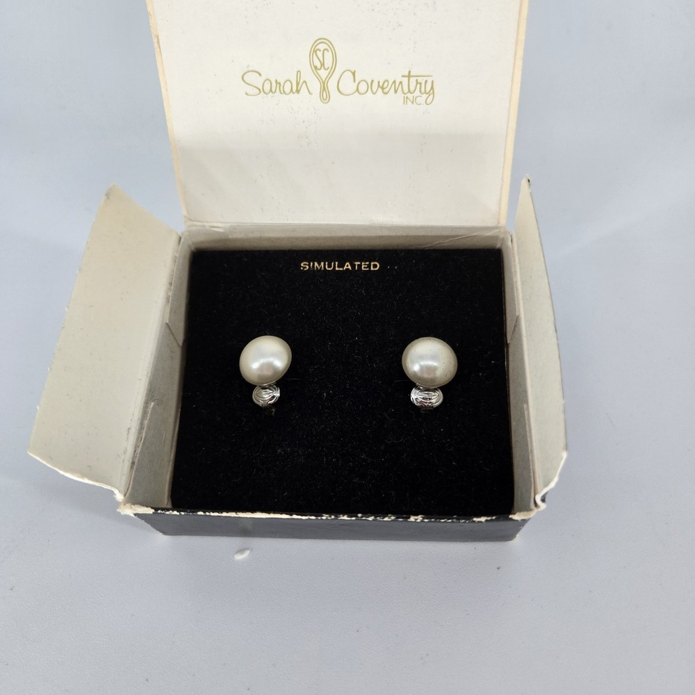Vintage Sarah Coventry Faux Pearl Silver Clip On Earrings Classic Bridal Box USA